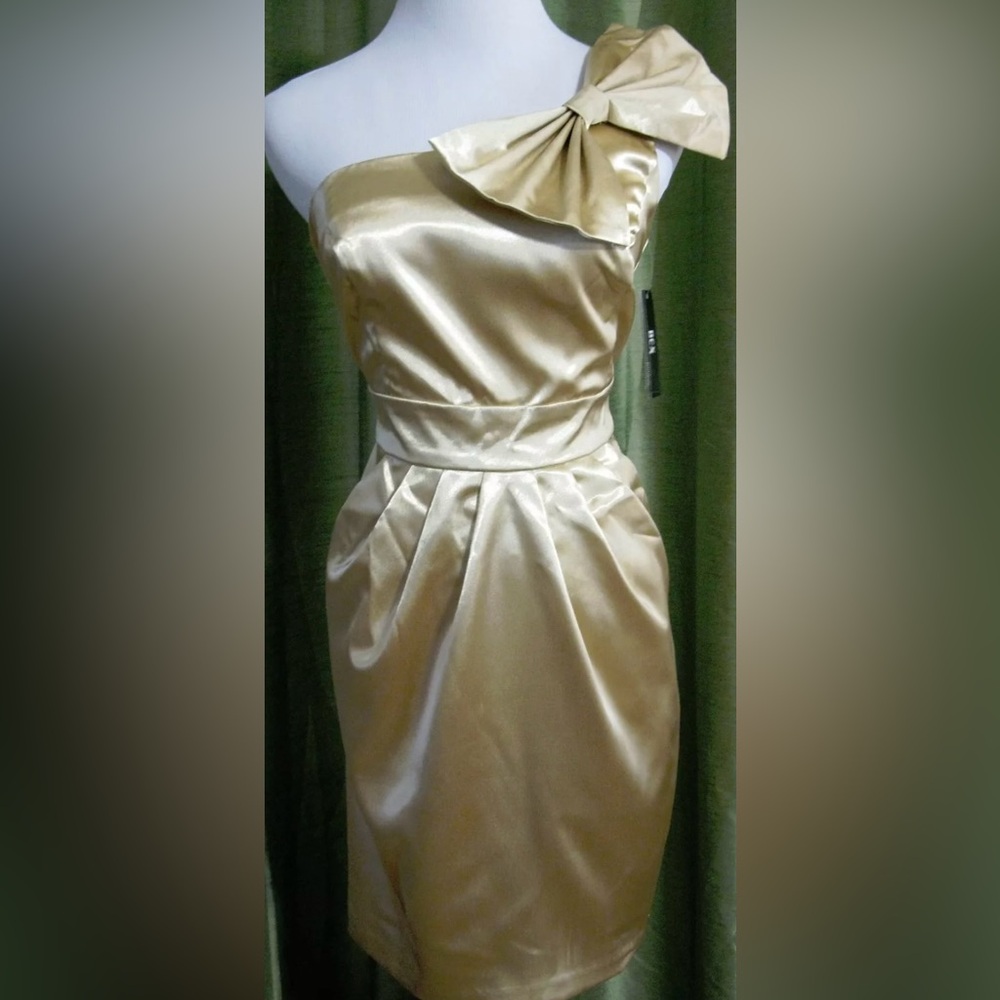 BCX Gold One Shoulder Bow Accent Back Zip Pleat Front Cocktail Dress 3